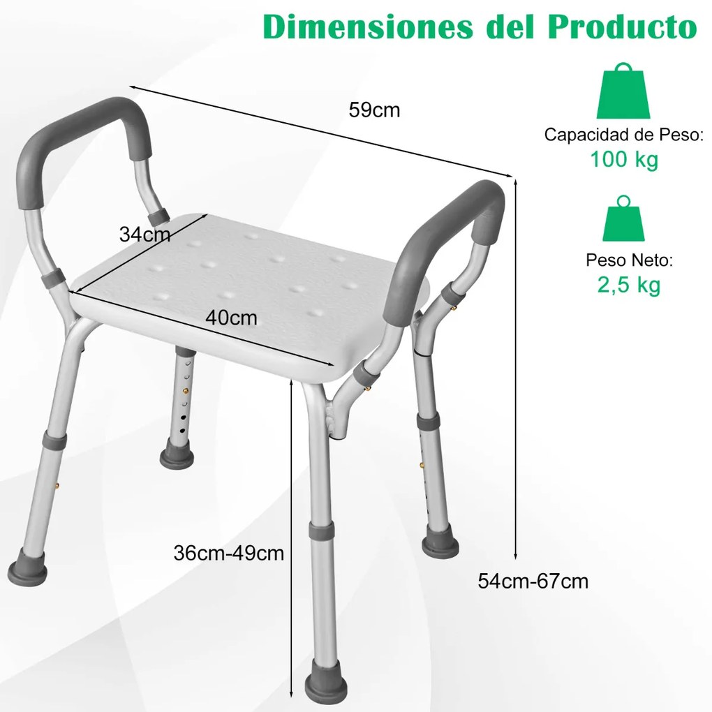 Banco de duche para idosos Banco de banho com altura regulável Braços almofadados Pés antiderrapantes 59 x 43 x 54-67 cm