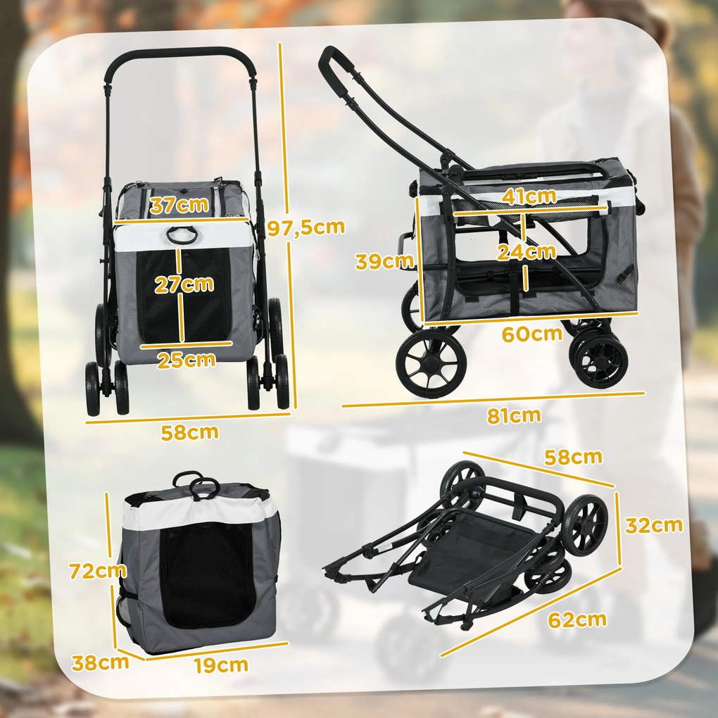 Carrinho para Animais de Estimação Carrinho para Cães Dobrável com Compartimento Desmontável 4 Portas 81x58x97,5 cm Cinza