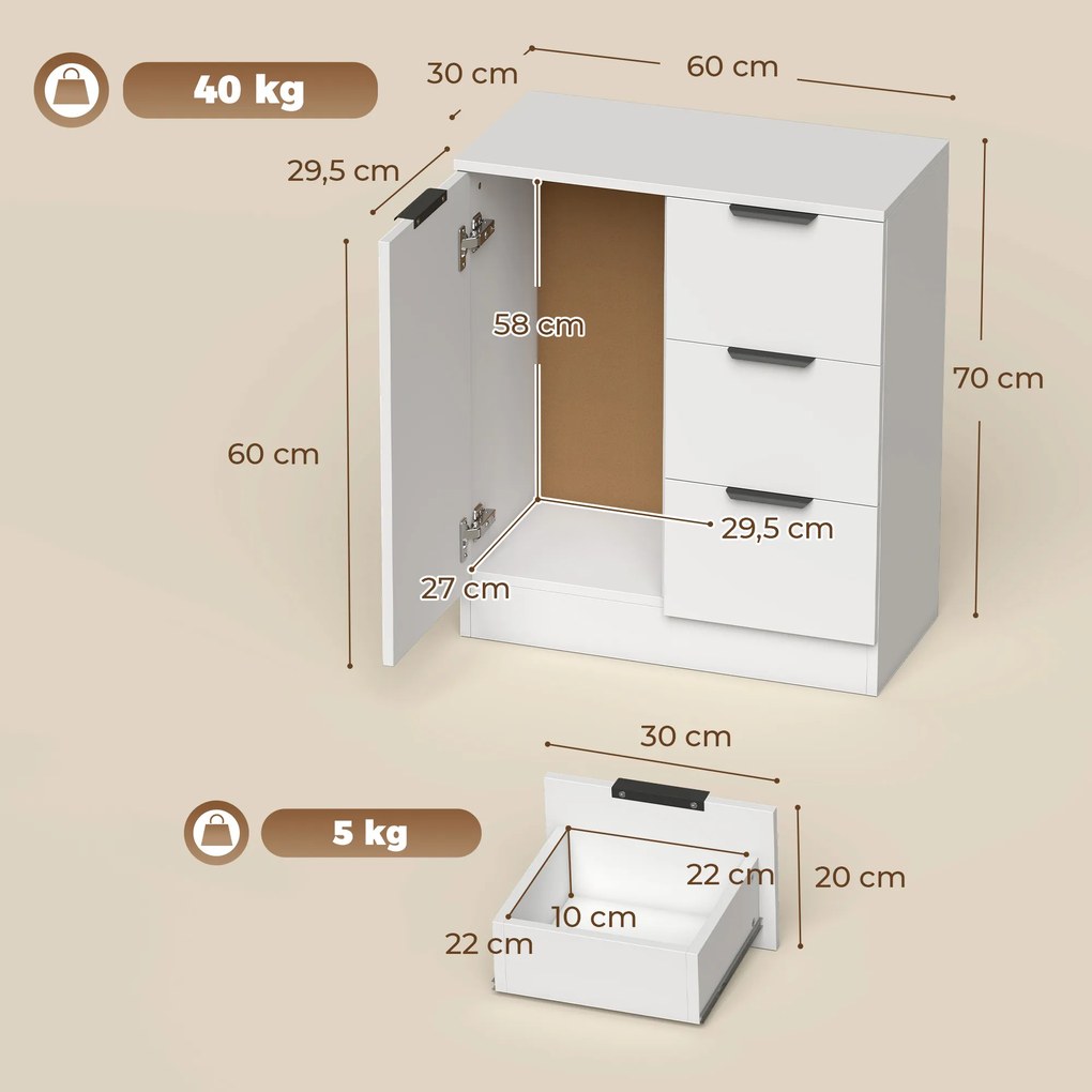 Aparador Estreito com Porta e 3 Gavetas 60x30x70 cm para Entrada ou Sala Branco