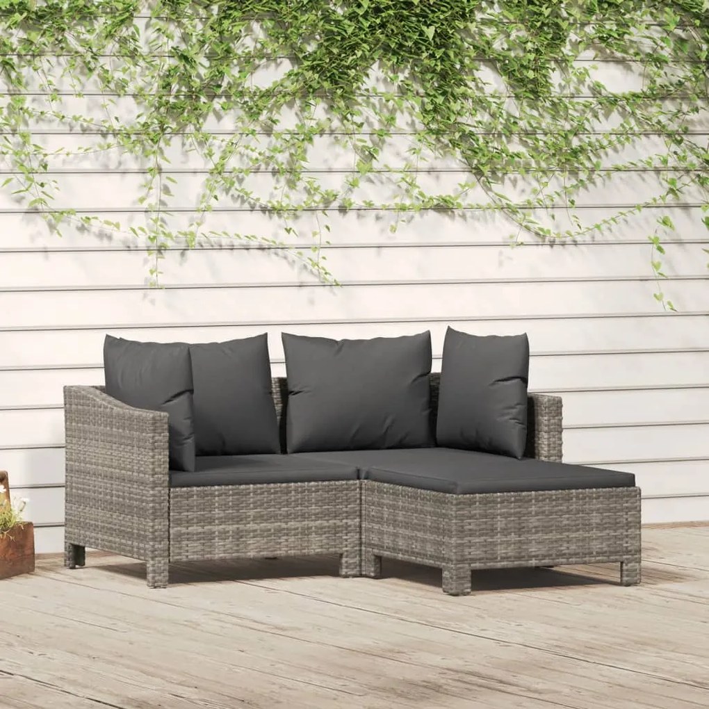 vidaXL 3 pcs conjunto lounge de jardim c/ almofadões vime PE cinzento