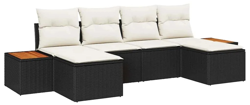 Conjunto de Sofá de Jardim de 6 Peças com Almofadas Preto Rattan PE Ac