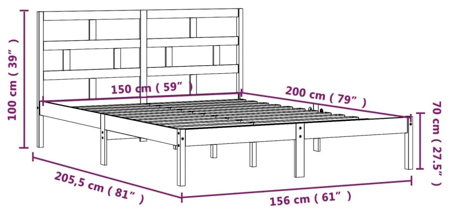 Estrutura de cama king 150x200 cm madeira maciça cinzento