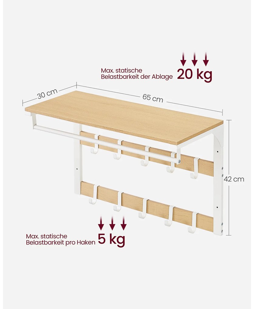 Bengaleiro de parede com prateleira e 10 ganchos amovíveis 30 x 65 x 42 cm cor de carvalho-branco