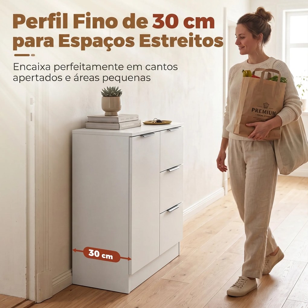 Aparador Estreito com Porta e 3 Gavetas 60x30x70 cm para Entrada ou Sala Branco
