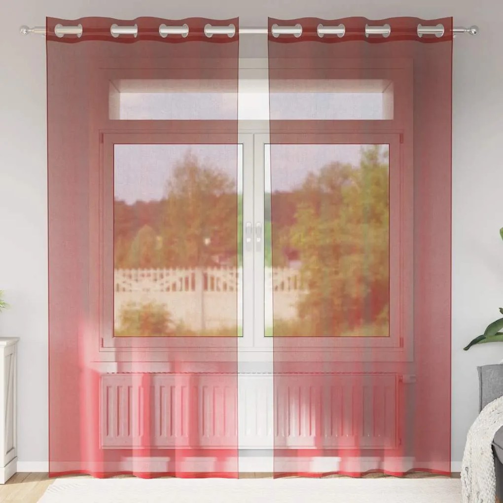 Cortinas de voile com ilhós 2 pcs vermelho tinto