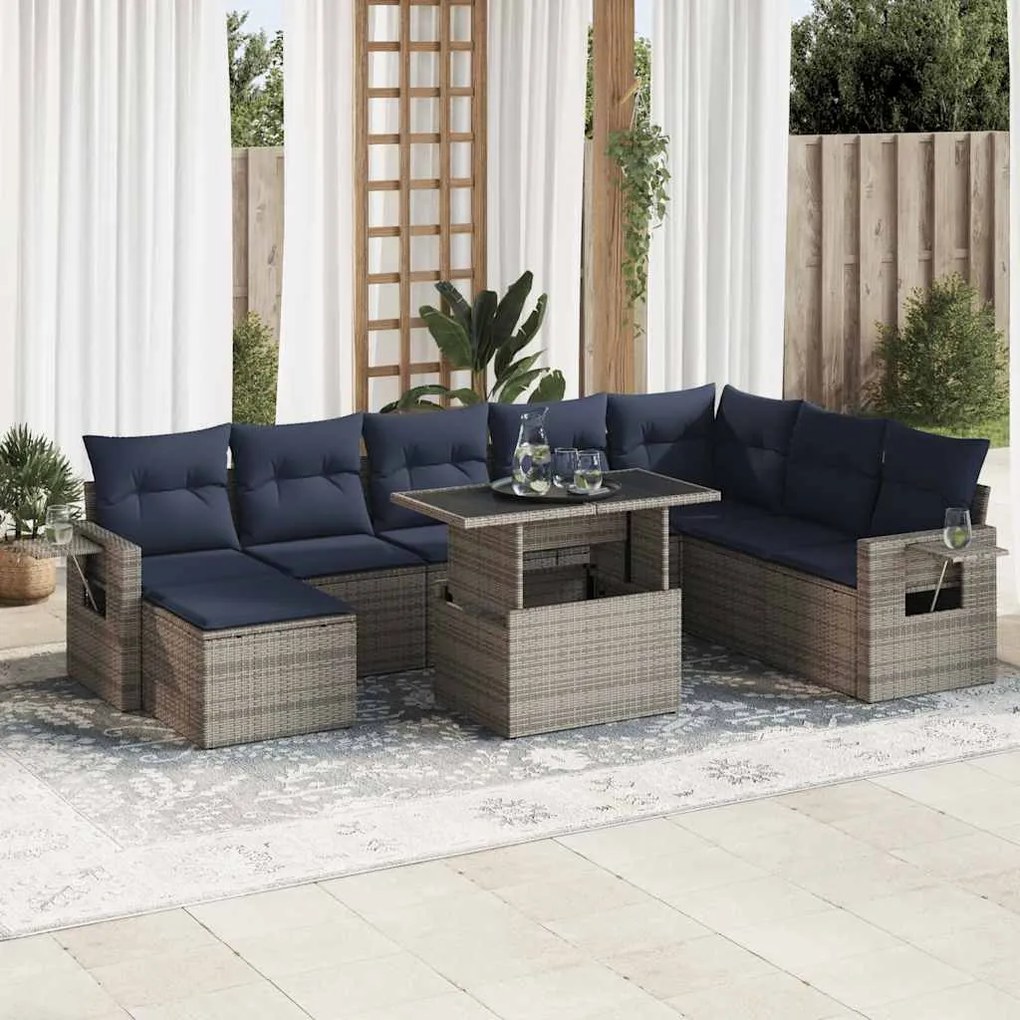 9 pcs conjunto sofás jardim almofadões vime PE/acácia cinzento