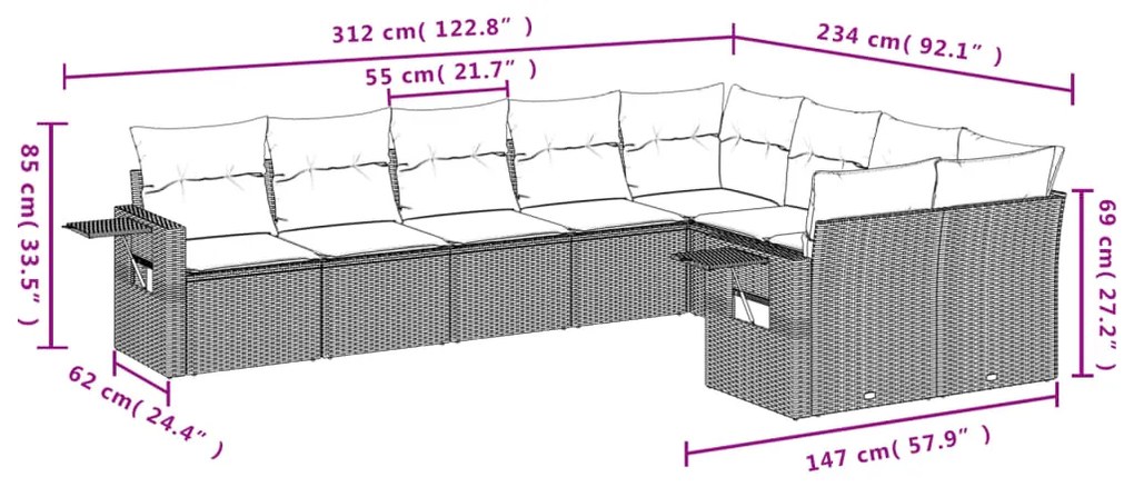 9 pcs conjunto de sofás p/ jardim com almofadões vime PE bege