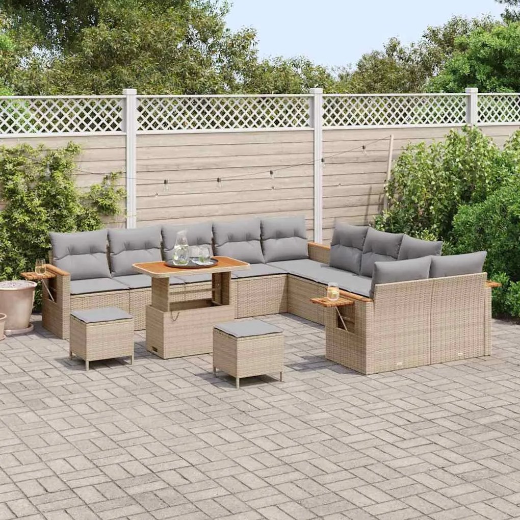 Conjunto de Sofá de Jardim com 13 Peças e Almofadas Bege Polirattan Ac