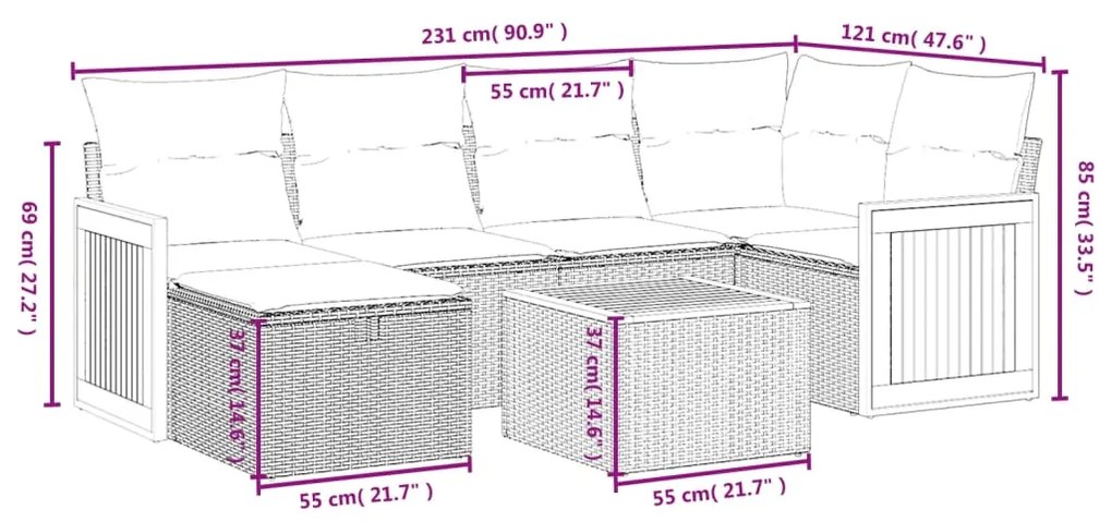 7 pcs conjunto sofás p/ jardim c/ almofadões vime PE cinzento