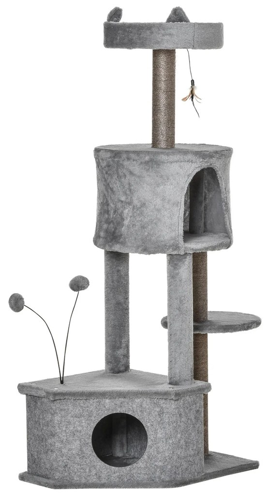 PawHut Árvore Arranhadora para Gatos 60x40x133cm Torre para Gatos com Caverna de Feltro Removível Cama de Pelúcia Suave Postes Arranhadores de Sisal Natural e Brinquedos Cinza