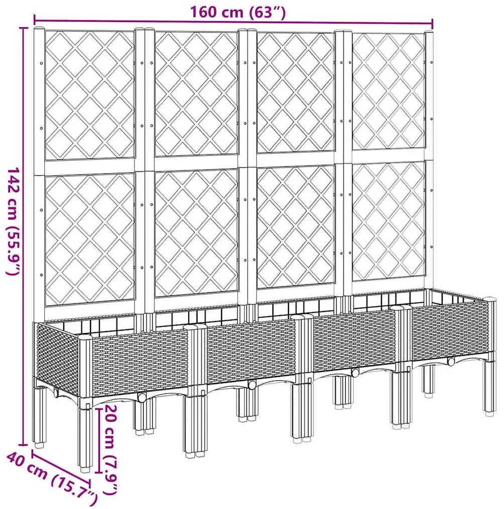 Vaso/floreira de jardim c/ treliça 160x40x142 cm PP branco