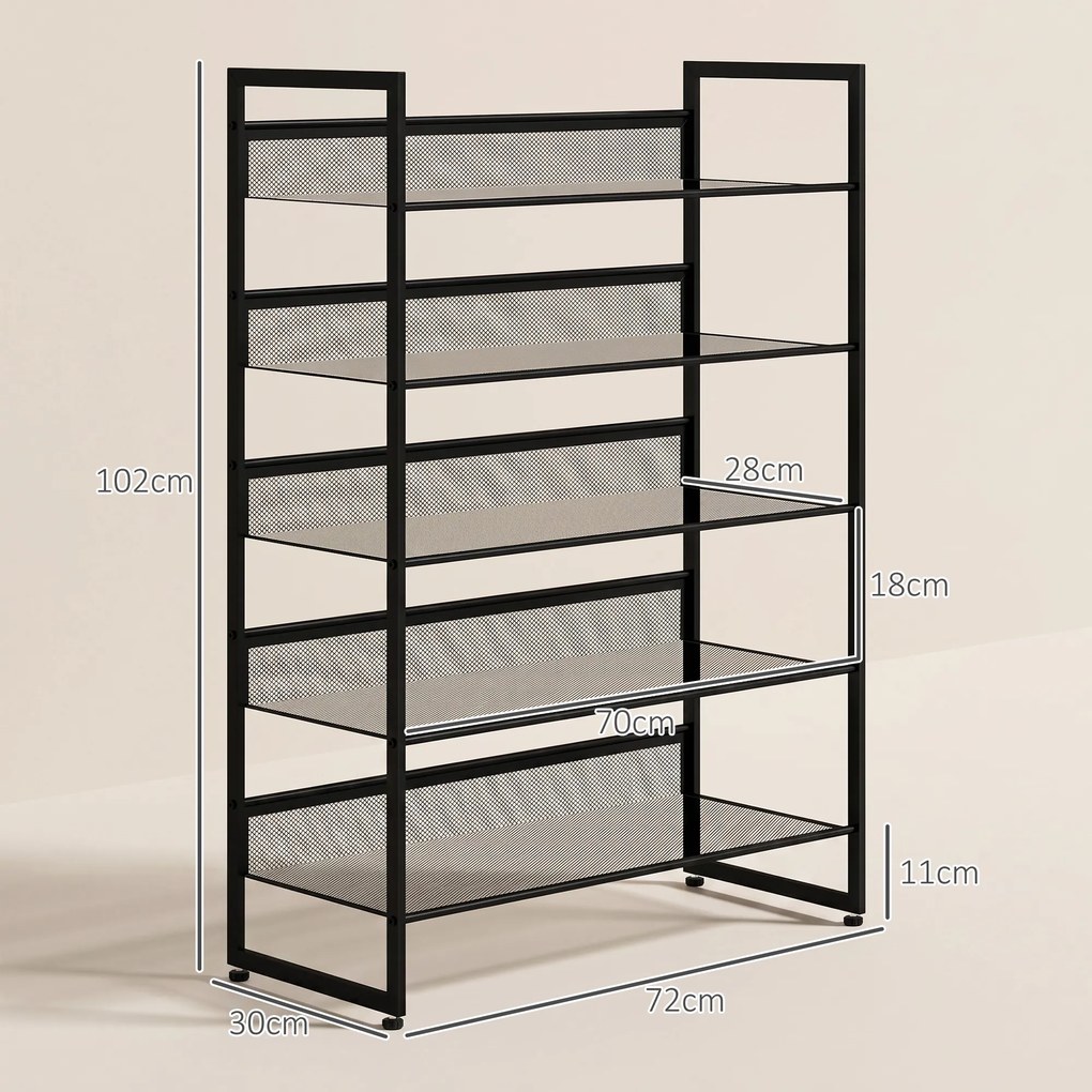 Sapateira Estreita de 5 Níveis em Aço para 15 Pares, 72 x 30 x 102 cm Preta