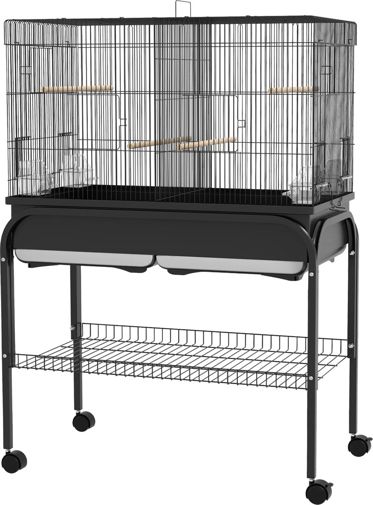 Gaiola grande para pássaros com rodas, ideal para cacatuas, periquitos, canários e papagaios – 85 x 49 x 119 cm, preta