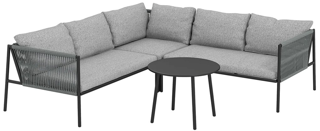 Conjunto de Jardim em Vime com Almofadas Móveis de Jardim com 2 Sofás de 2 Lugares Sofá de Canto Mesa Redonda Cinza Escuro
