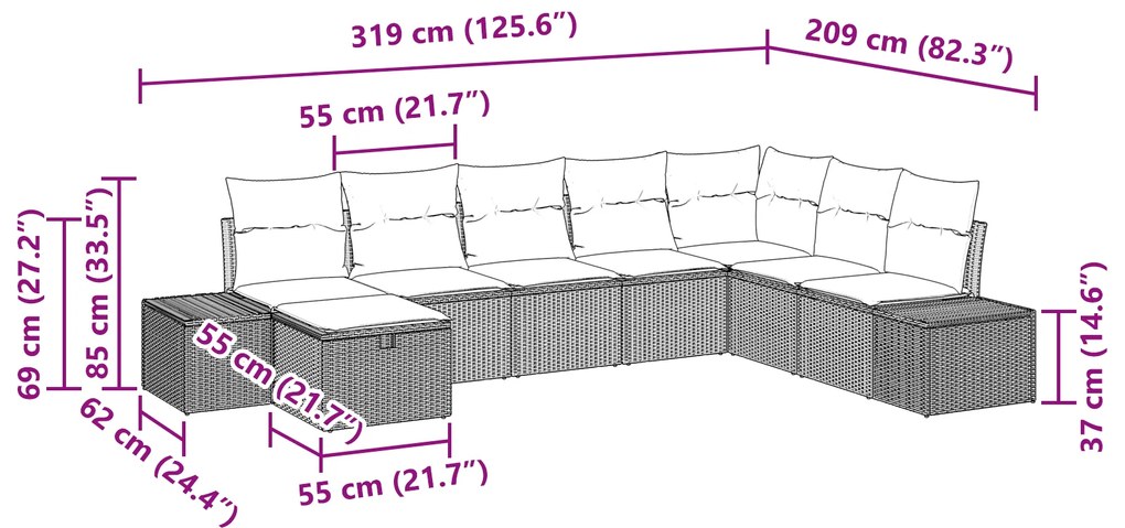 Conjunto de Sofá de 8 Peças com Almofadas Bege Rattan Poliéster