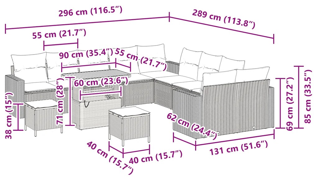 Conjunto de Sofá de Jardim com 13 Peças e Almofadas Bege Vime Sintétic