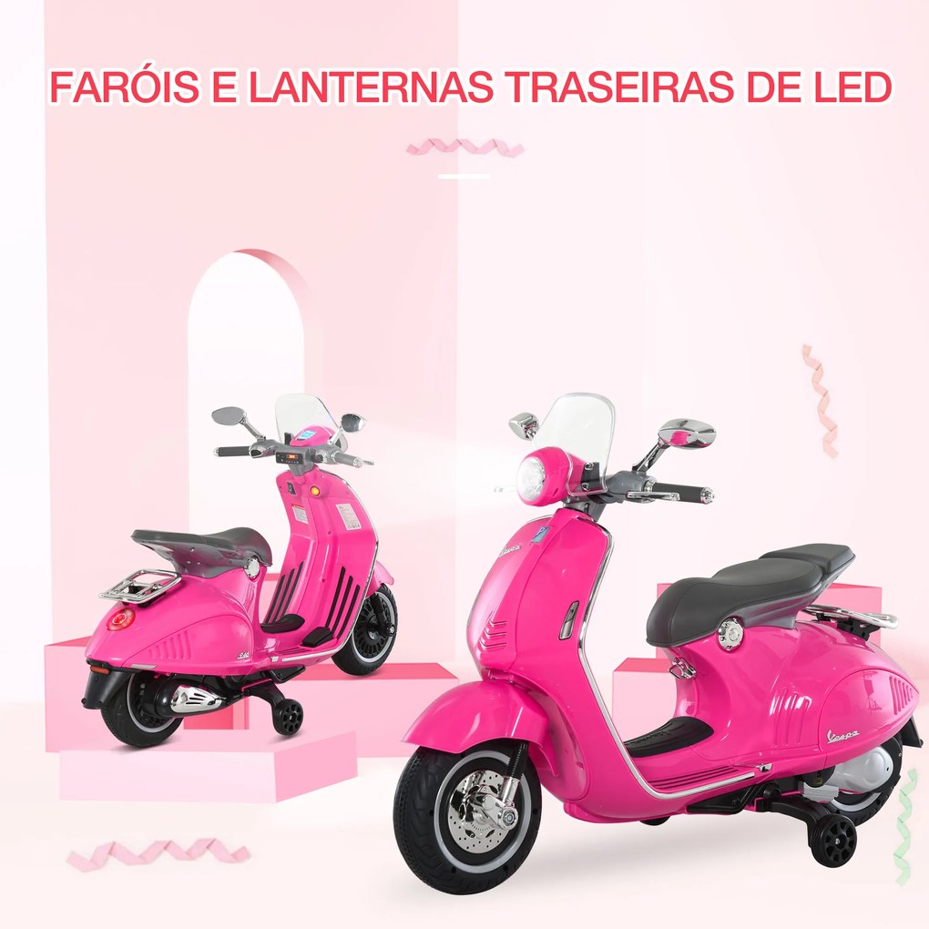 Motocicleta Elétrica Infantil VESPA acima de 3 anos com Faróis Música 2 Rodas Auxiliares 108x49x75 cm Rosa