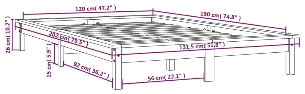 Estrutura cama pequena de casal 120x190 cm pinho maciço preto