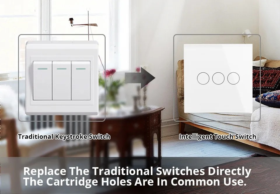 Interruptor táctil 3 botões WiFi-Voz, Painel frente branco vidro temperado