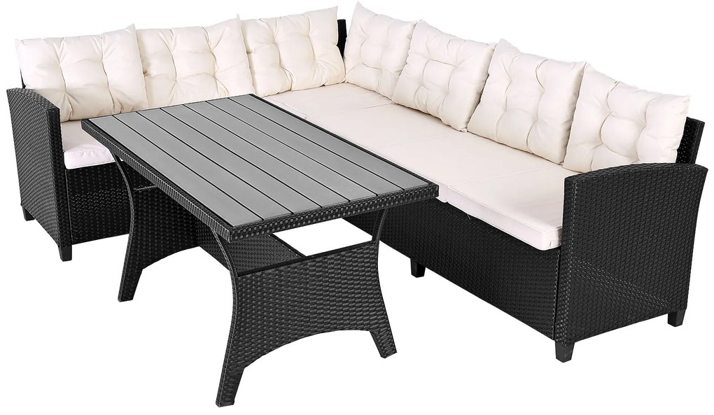 Conjunto de jardim de canto em polyrattan com tampo em WPC preto/creme