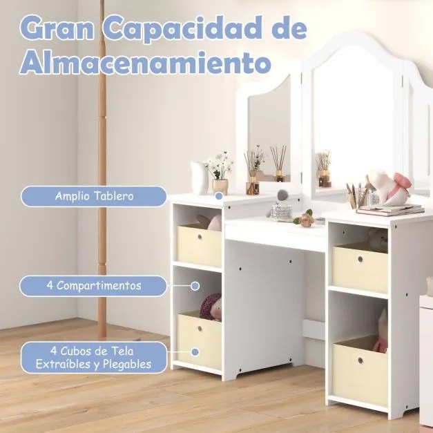 Toucador Princesa para crianças com 4 prateleiras grandes e espelho de plástico com 3 painéis Carga 100 kg 107 x 40 x 117 cm Branco