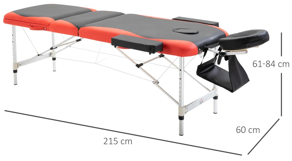 Cama de massagem dobrável e portátil 215x60x61-84cm ajustável em altura com apoio de cabeça e braço para fisioterapia Preto e vermelho
