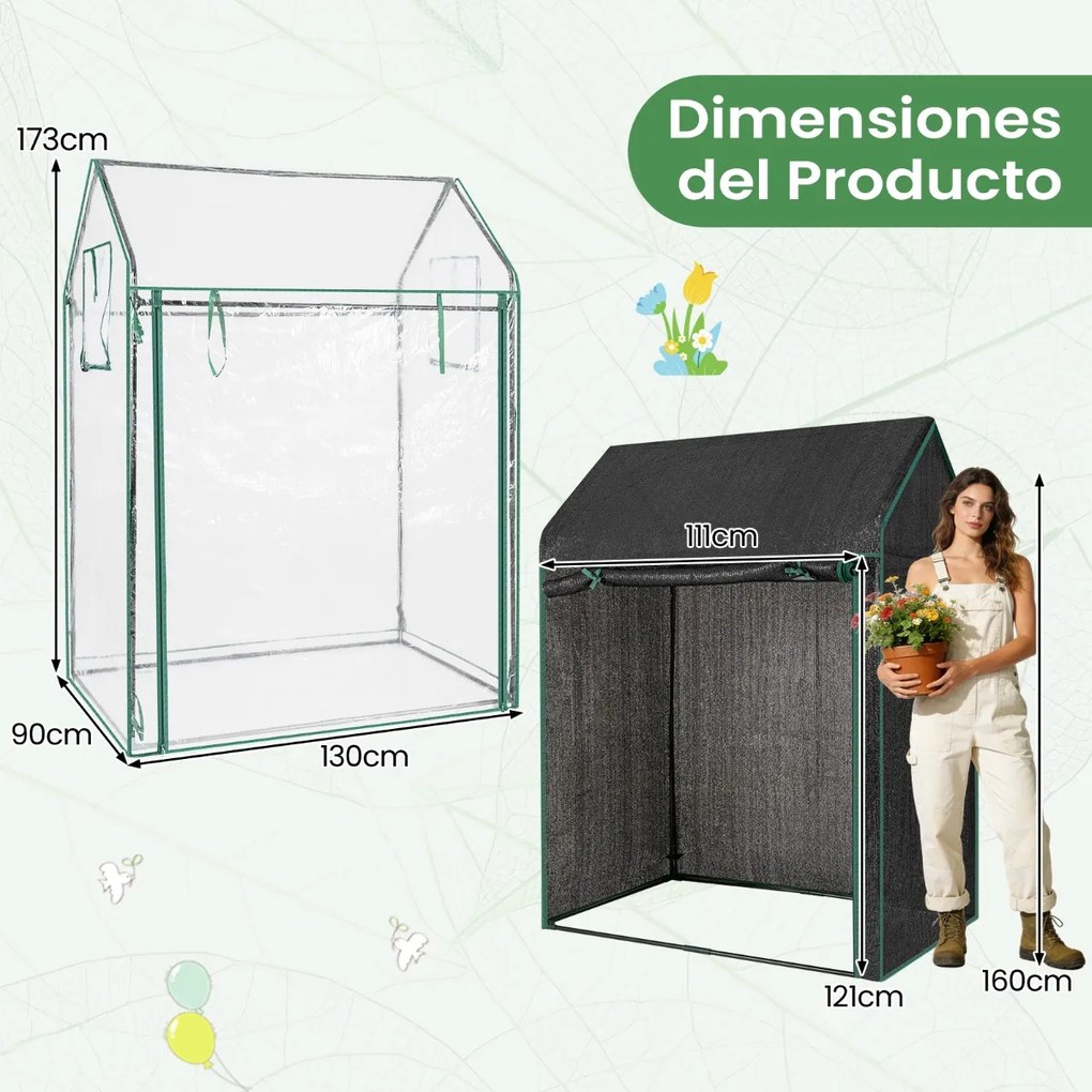 Mini estufa 129 x 80 x 173 cm com cobertura em PVC, rede de sombreamento preta, porta, janelas e estacas Transparente