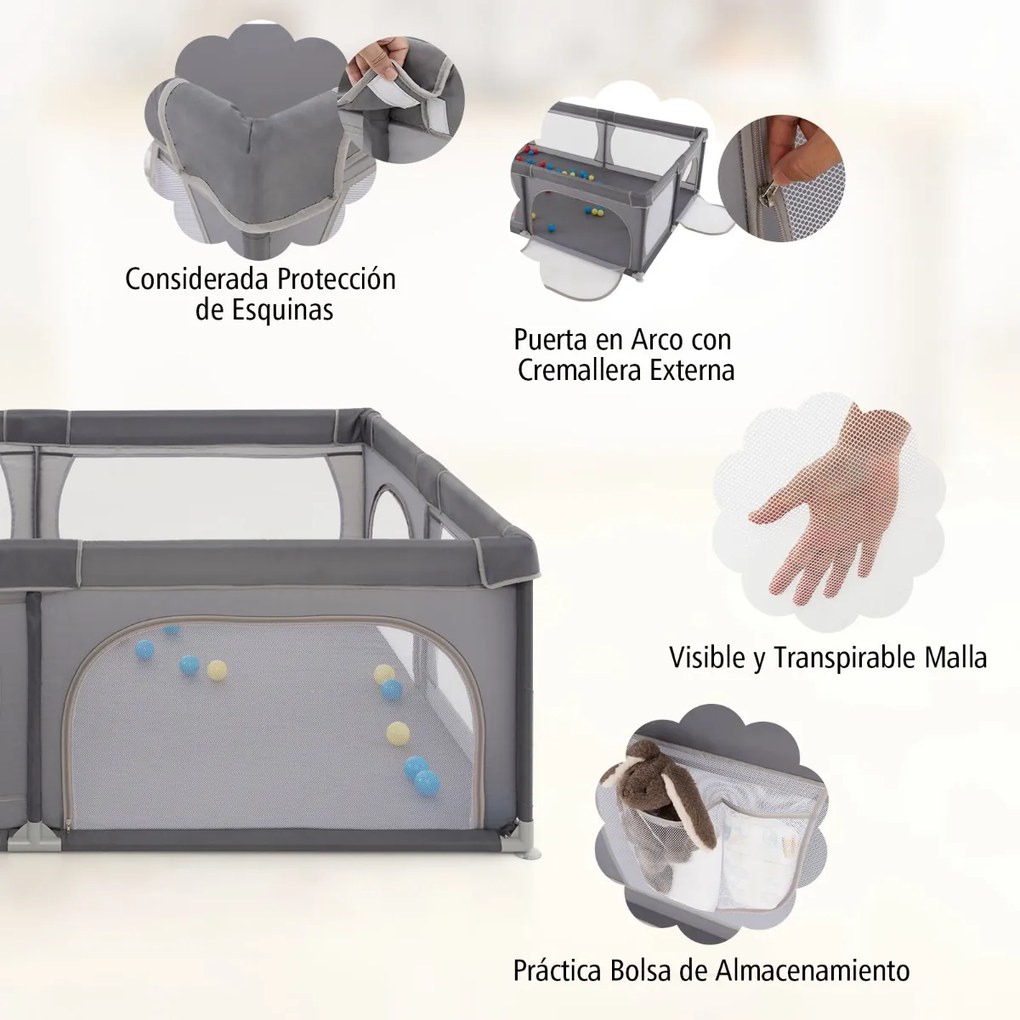 Parque para bebés 206 x 147 x 68,5 cm com rede respirável, bolsa de transporte, 50 bolas oceânicas e porta com fecho de correr – Cinzento