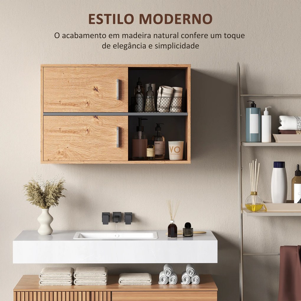 Móvel Auxiliar Casa de Banho Móvel para Casa de Banho de Parede com Compartimentos Abertos e 2 Portas 80x35x57,5 cm Madeira