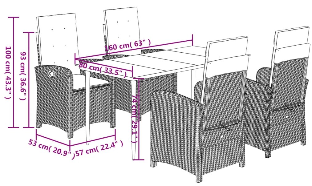 5 pcs conjunto de jantar p/ jardim c/ almofadões vime PE preto