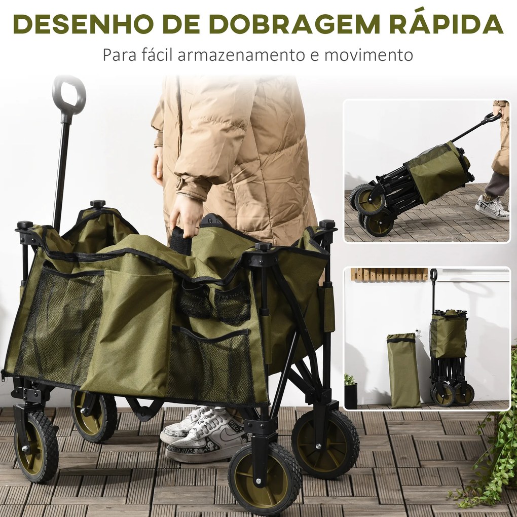 Outsunny Carrinho Dobrável de com Rodas Carrinho para Praia com Guiador Telescópico Bancada Dobrável 5 Bolsas de Armazenamento Estrutura de Aço e Tecido de Oxford 108x55x93cm Verde Escuro