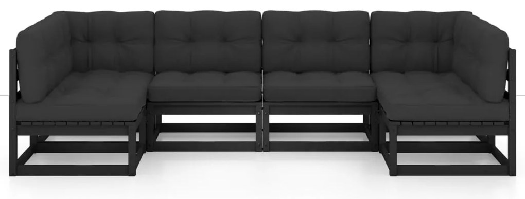 6pcs conjunto longue de jardim c/ almofadões pinho maciço preto