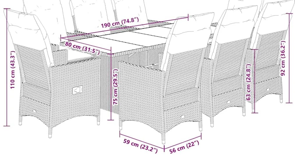 9 pcs conjunto de jantar p/ jardim c/ almofadões vime PE preto
