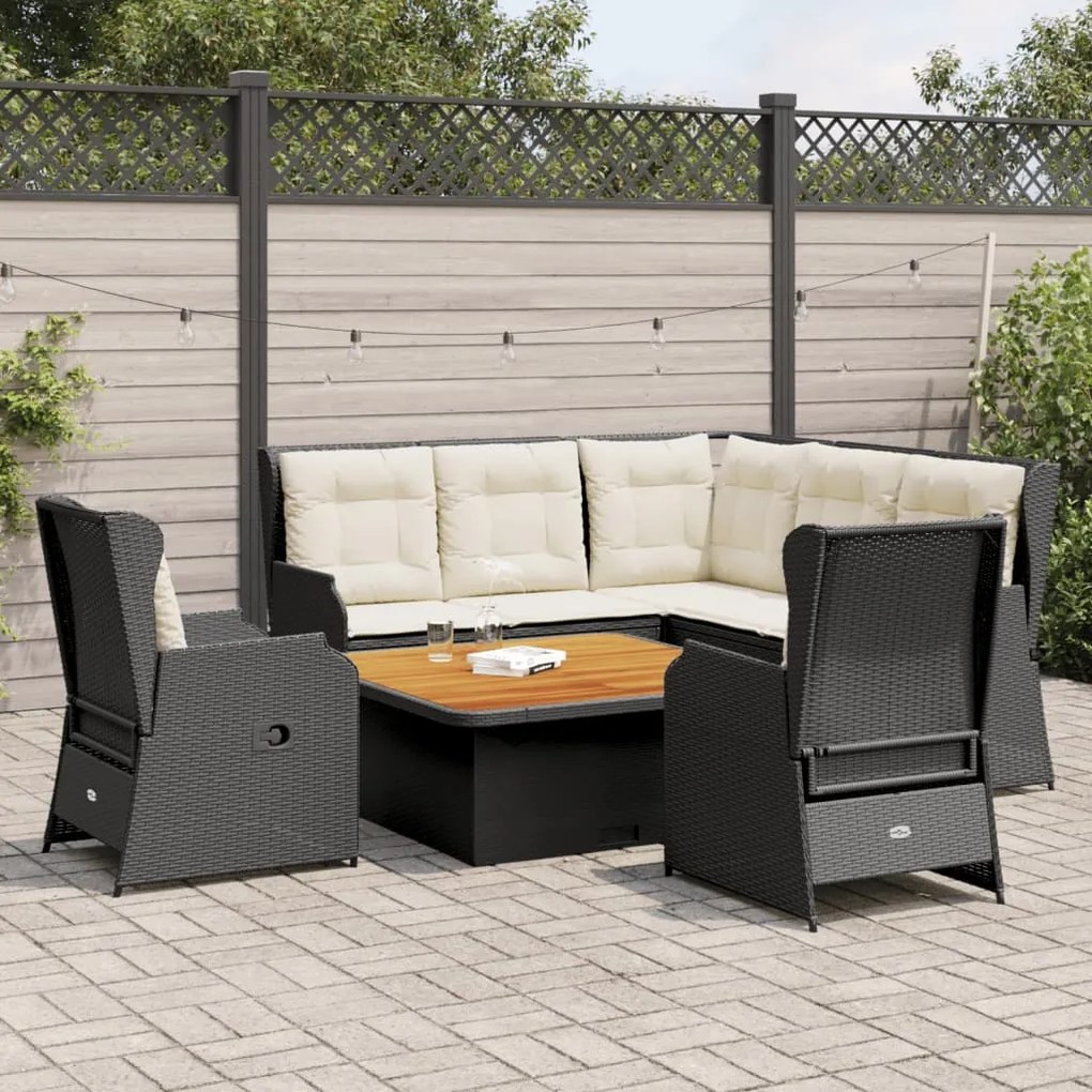 6 pcs conjunto lounge de jardim c/ almofadões vime PE preto