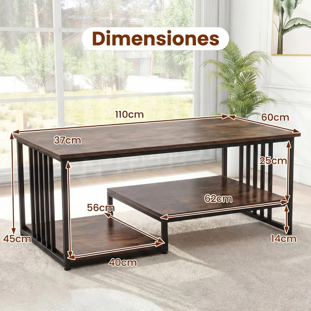 Mesa de centro retangular 110 x 60 x 45 cm com 2 prateleiras de arrumação, Estrutura metálica resistente, mesa moderna para sala de estar em castanho