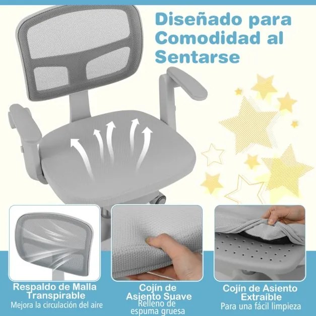 Cadeira de escritório para crianças com apoios de braços, apoio para os pés e rodas universais com altura ajustável 57 x 55 x 80-91 cm Cinza