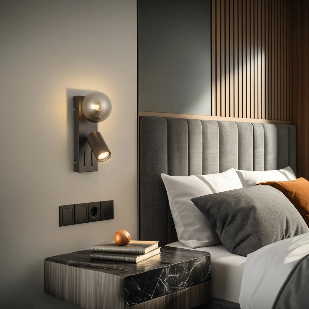 Candeeiro de Parede Moderno Preto 2-Luzes Inclinável com Porta USB-C - Lesly