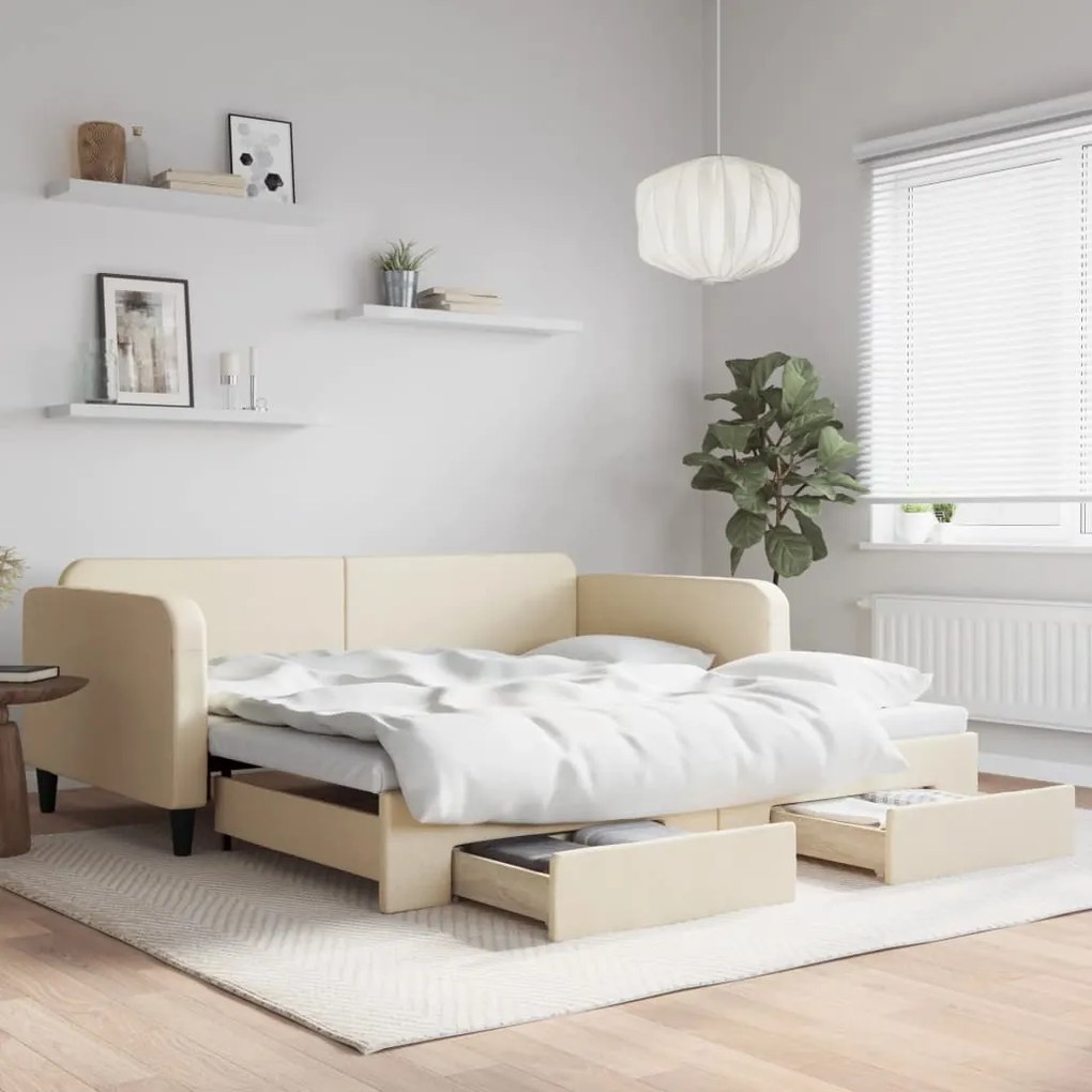Sofá-cama com gavetão e gavetas 100x200 cm tecido cor creme