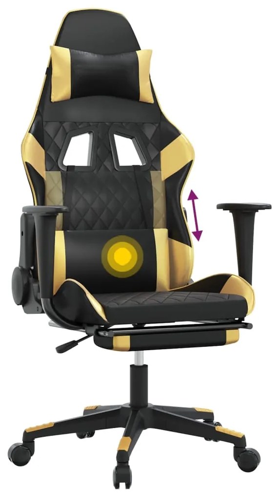 Cadeira gaming massagens c/ apoio pés couro artif. Ouro/Preto