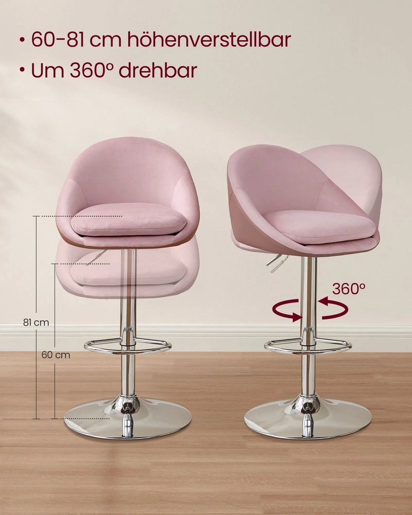 Conjunto de 2 bancos de bar com altura regulável rosa pastel cinzento-prateado