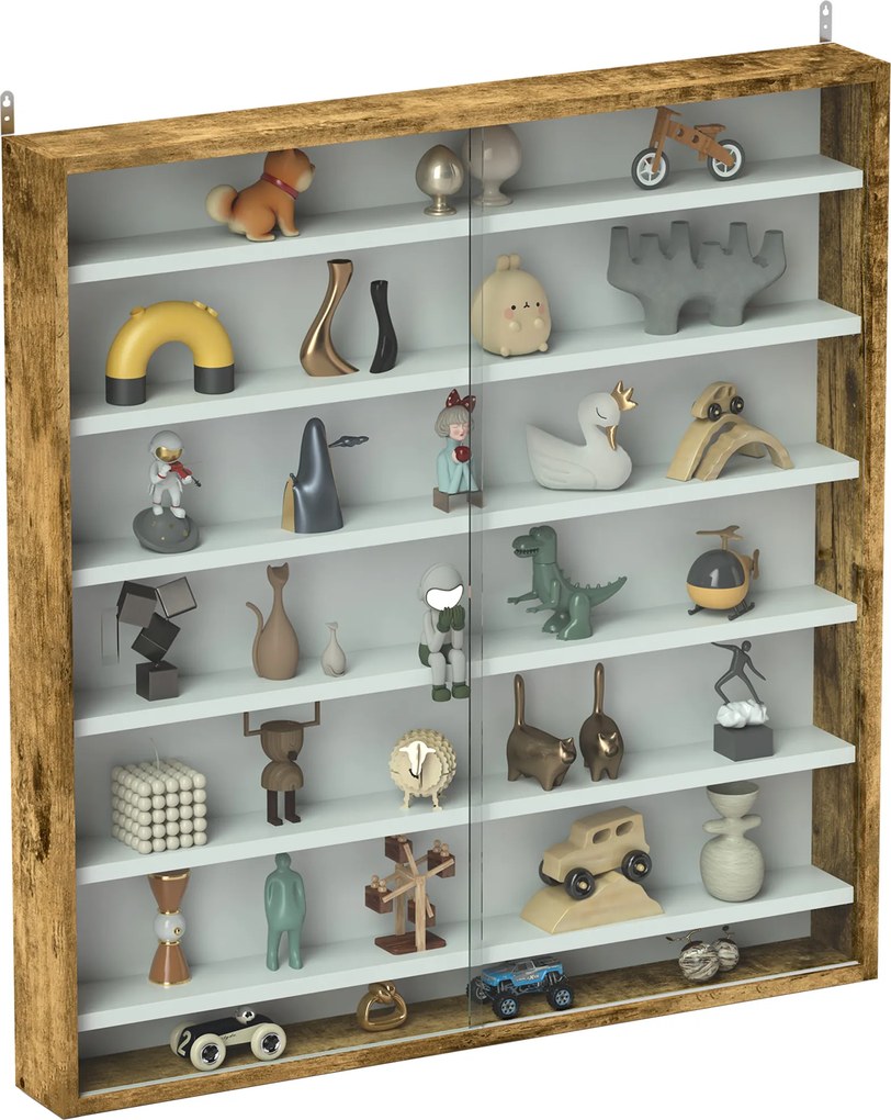 Vitrine para coleção, vitrine de parede, 80 x 9,5 x 83 cm, 6 prateleiras com altura ajustável, 2 portas de correr em vidro branco, castanho rústico