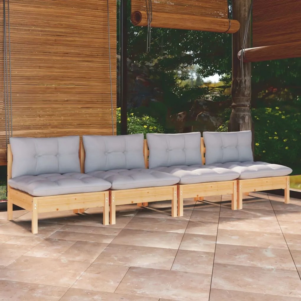 vidaXL Sofá de jardim 4 lugares com almofadões cinzentos pinho maciço