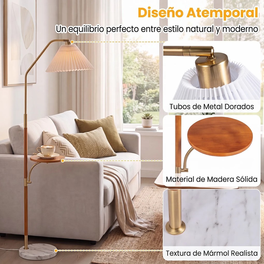 Candeeiro de Pé Altura: 160 com Mesa Auxiliar, Abajur Ajustável, Dourado