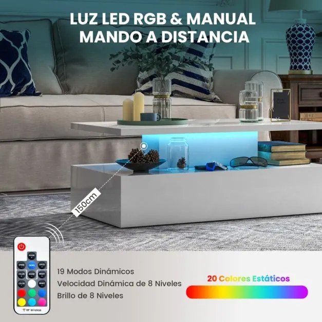 Mesa de centro110 x 60 x 40 cm com LED de 2 níveis com cores de luz ajustáveis em formato retangular contemporâneo para sala de estar Branca