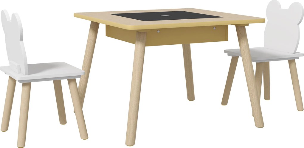 AIYAPLAY Conjunto de Mesa e 2 Cadeiras com Encosto em Forma de Ursinho e Compartimentos Ocultos Madeira e Branco | Aosom Portugal