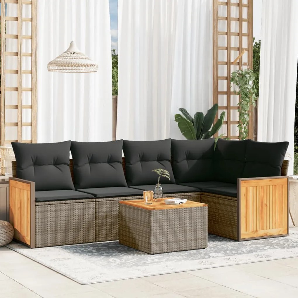 6 pcs conjunto sofás de jardim com almofadões vime cinzento