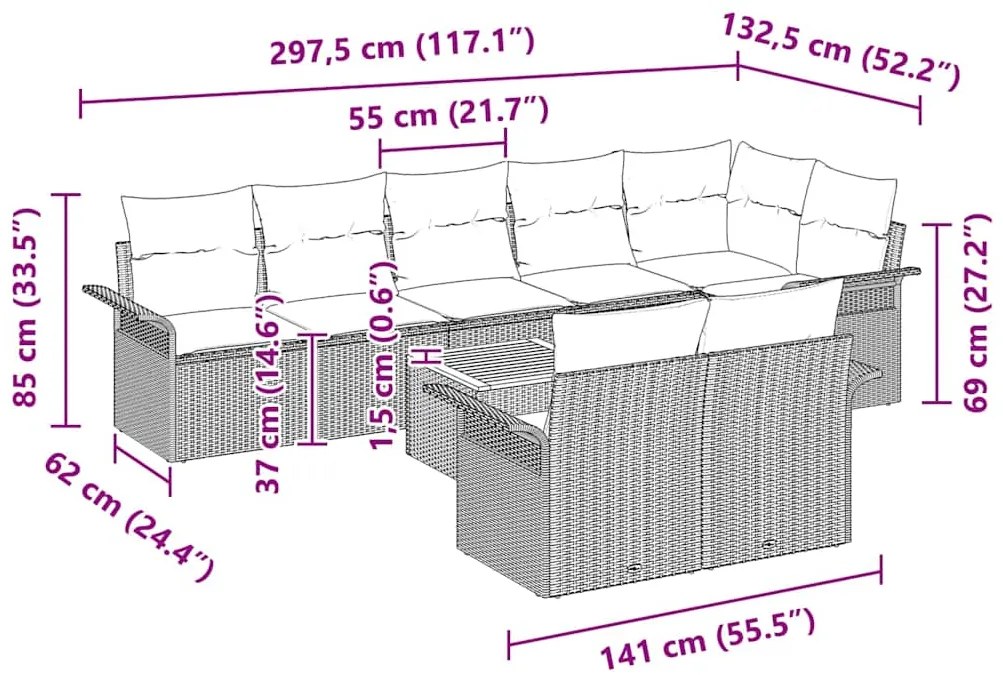 Sofá de Jardim 9 Peças com Almofadas Pretas de Poli Rattan e Acácia