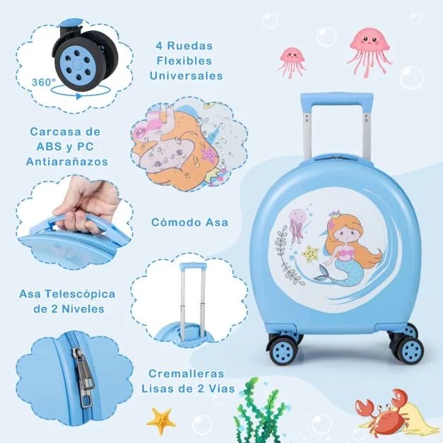 Conjunto de 4 peças malas viagem para crianças com bagagem de mão sobre rodas Mochila Almofada de pescoço e Etiqueta de bagagem azul