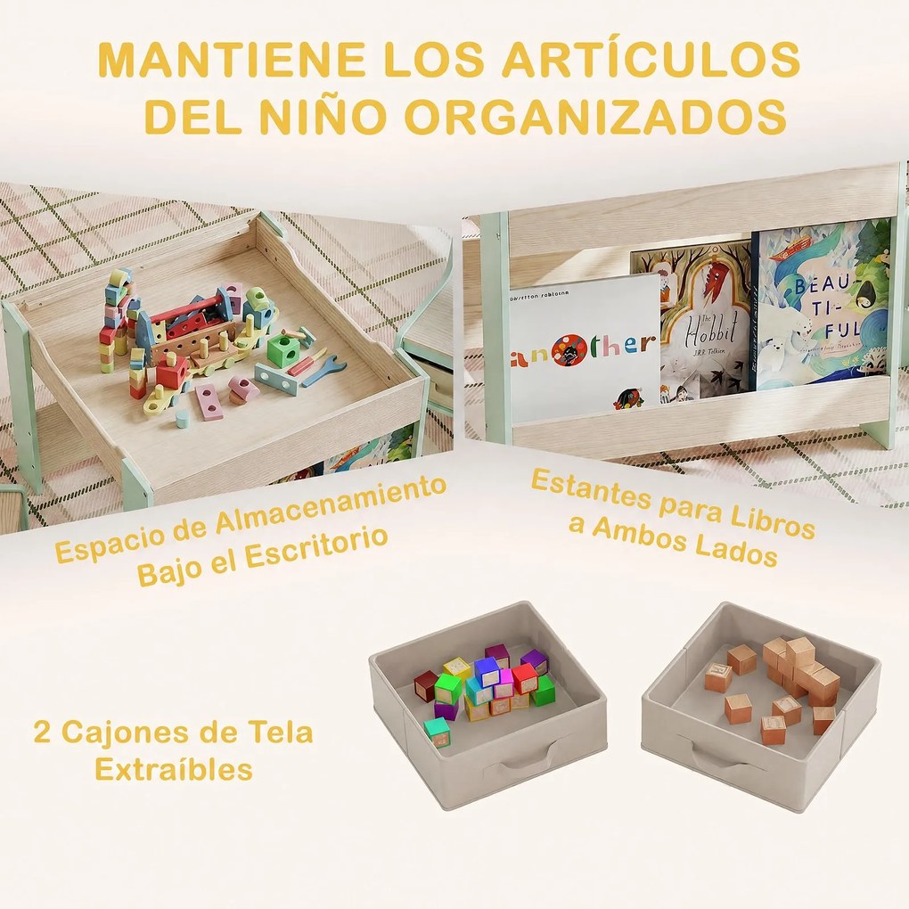 Conjunto de 1 Mesa de Atividades e 2 Cadeiras Infantis, 61,5 x 61,5 x 48 cm, Tampos Reversíveis com Quadro de Giz, Verde