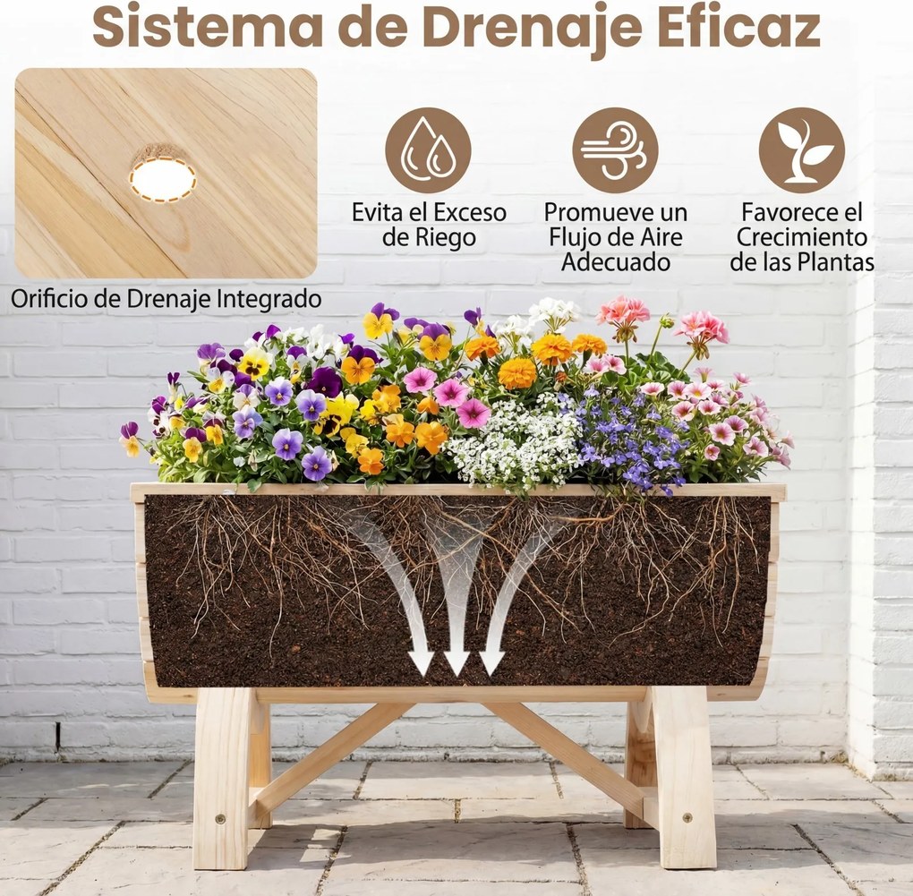 Conjunto de 2 vasos de madeira de abeto em forma de meio barril com orifícios de drenagem para flores e vegetais, para interior e exterior, acabamento